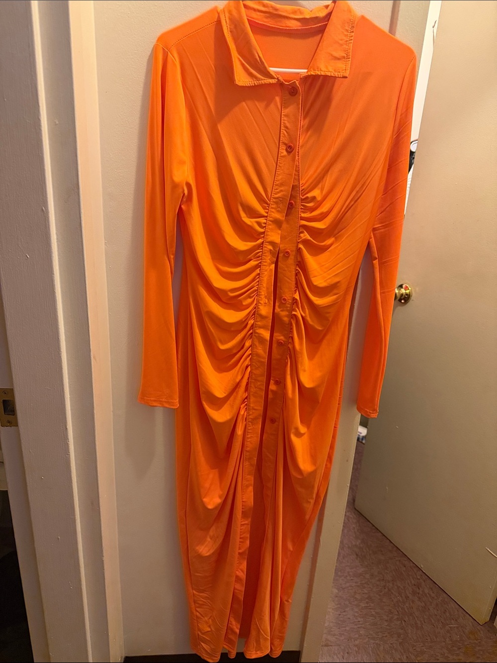 SHEIN Bright Orange Ruched Button-Front Long Sleeve Maxi Dress